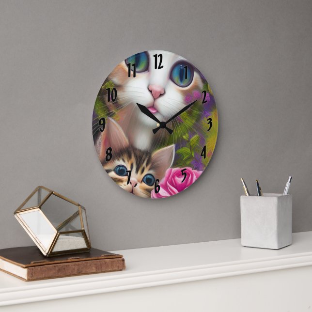 Grande Horloge Ronde Chatons adorables 8 (Bureau)