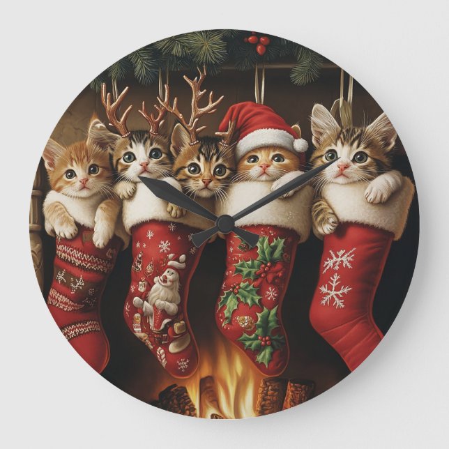 Grande Horloge Ronde Chatons dans les coques de Noël (Recto)