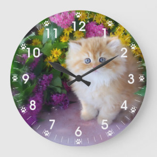 Grande Horloge Ronde Chatons précieux Fleurs jaunes violets roses