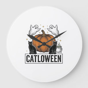 Grande Horloge Ronde Chatoween Chat Noir Fantôme Halloween Conception V