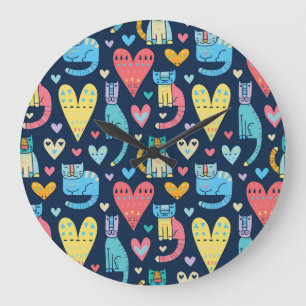 Grande Horloge Ronde Chats Amour : Coloré Vintage sans fil