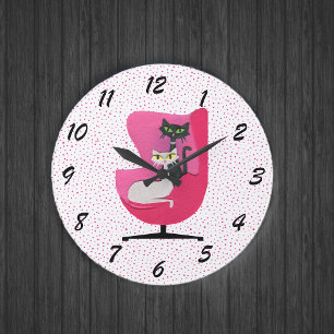 Grande Horloge Ronde Chats du milieu du siècle en chaise rose Pois
