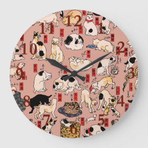 Grande Horloge Ronde chats japonais Ukiyo-e Funny kitty