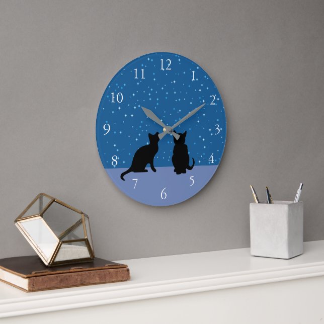 Grande Horloge Ronde Chats mignons ciel nocturne foncé avec étoiles (Bureau)