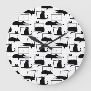 Grande Horloge Ronde Chats noirs assis sur des ordinateurs portables Mo