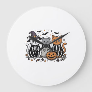 Grande Horloge Ronde Chats squelette mignons gravure vintage Halloween