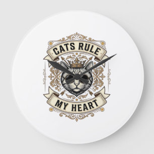 Grande Horloge Ronde Chats Vintage Règnent Sur Mon Cœur Dessin De Chat