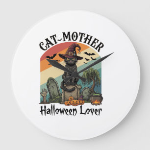 Grande Horloge Ronde Chatte Mère Amoureuse d'Halloween Chapeau de Sorci