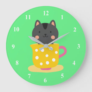 Grande Horloge Ronde Chatte mignonne en dessin animé sur la menthe