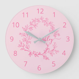 Grande Horloge Ronde Chaud rose moderne Script Girl Monogramme Nom