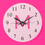 Grande Horloge Ronde Chaud rose moderne Script Girl Monogramme Nom<br><div class="desc">Faites une déclaration audacieuse dans votre espace avec notre Hot rose Modern Script Girly Monogramme Nom Large Horloge! Doté d'un design rose vif et personnalisé avec votre nom dans un élégant script moderne, cette horloge ajoute une touche élégante et personnelle à toutes les chambres. Parfait pour les chambres, les bureaux...</div>