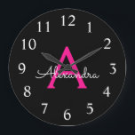Grande Horloge Ronde Chaud rose noir Script Girl Nom du monogramme<br><div class="desc">Hot Pink et Black Simple Script Monogram Clock. This makes the perfect sweet 16 birthday,  wedding,  bridal shower,  anniversary,  baby shower or bachelorette party gift for someone that loves glam luxury and chic styles.</div>
