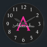 Grande Horloge Ronde Chaud rose noir Script Girl Nom du monogramme<br><div class="desc">Hot Pink et Black Simple Script Monogram Clock. This makes the perfect sweet 16 birthday,  wedding,  bridal shower,  anniversary,  baby shower or bachelorette party gift for someone that loves glam luxury and chic styles.</div>
