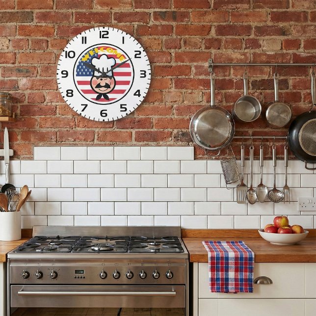 Grande Horloge Ronde Chef de bienvenue avec drapeau américain (Créateur téléchargé)