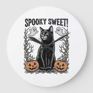 Grande Horloge Ronde Chemise avec gravure Halloween vintage de chat noi