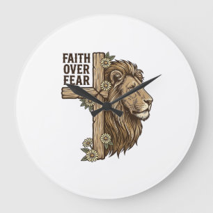 Grande Horloge Ronde Chemise chrétienne vintage Croix Lion Foi Sur La P