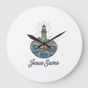 Grande Horloge Ronde Chemise chrétienne vintage phare Jésus Sauve_1