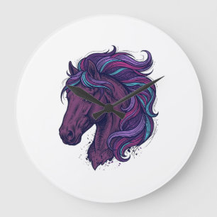 Grande Horloge Ronde Chemise d'art de tête de cheval colorée gravée vin