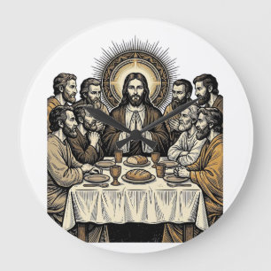 Grande Horloge Ronde Chemise d'art religieux gravure sainte cène vintag