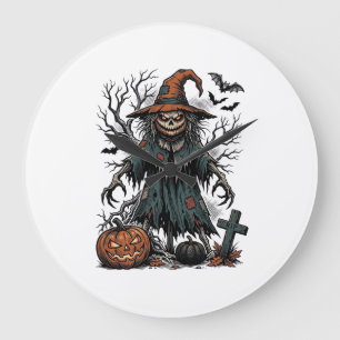 Grande Horloge Ronde Chemise de citrouille d'Halloween Épouvantail sorc