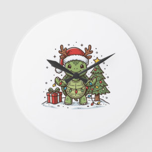 Grande Horloge Ronde Chemise de conception de tortue de Noël mignonne g