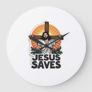 Grande Horloge Ronde Chemise de foi avec gravure vintage Jésus Sauve (1