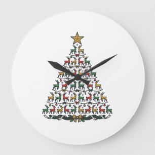 Grande Horloge Ronde Chemise de gravure vintage d'arbre de Noël de renn