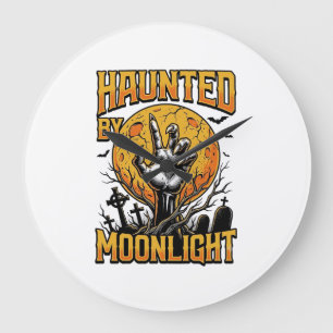 Grande Horloge Ronde Chemise de gravure vintage de lune d'Halloween_1