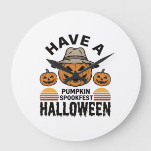 Grande Horloge Ronde Chemise de gravure vintage Halloween Citrouille Ef