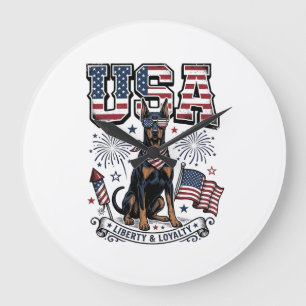 Grande Horloge Ronde Chemise de gravure vintage USA Doberman patriotiqu