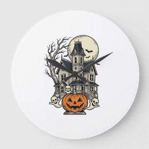 Grande Horloge Ronde Chemise de Maison Hantée Gravure Vintage Halloween