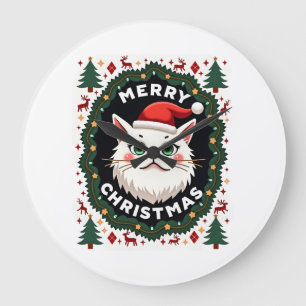 Grande Horloge Ronde Chemise de Noël laide Smudge Cat (1)