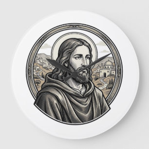 Grande Horloge Ronde Chemise de portrait religieux de gravure vintage