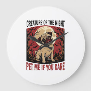 Grande Horloge Ronde Chemise de pug Halloween avec cimetière effrayant