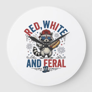 Grande Horloge Ronde Chemise de Raton Laveur Patriotique Sauvage Rouge