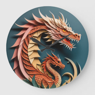 Grande Horloge Ronde Chemise design dragon en papier 3D