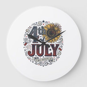 Grande Horloge Ronde Chemise Fleur de Tournesol Patriotique 4 Juillet V