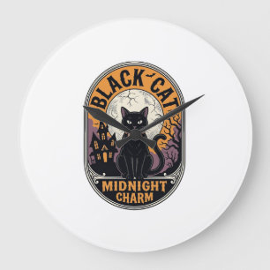 Grande Horloge Ronde Chemise Halloween Chat Noir Vintage Charme de Minu
