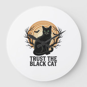 Grande Horloge Ronde Chemise Halloween Chat Noir Vintage Lune Sombre Ch