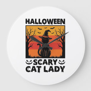 Grande Horloge Ronde Chemise Halloween Dame de chat effrayant Gravure V