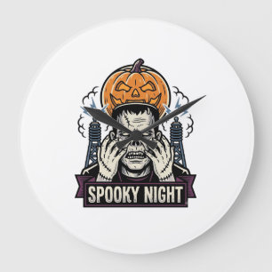 Grande Horloge Ronde Chemise Halloween Monstre avec Gravure de Lune de