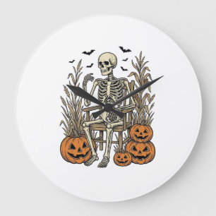 Grande Horloge Ronde Chemise Halloween squelette vintage et citrouilles