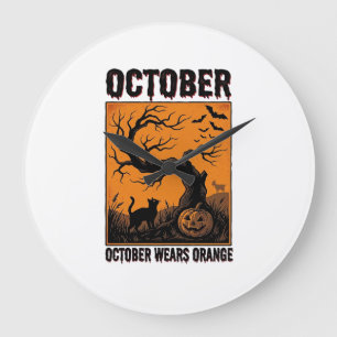 Grande Horloge Ronde Chemise Orange Octobre Halloween Vintage Épouvante