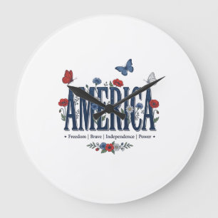 Grande Horloge Ronde Chemise patriotique papillon floral Vintage Americ