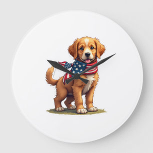 Grande Horloge Ronde Chemise Patriotique Vintage de Chiots Dorés Améric