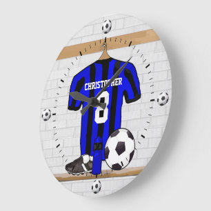 Grande Horloge Ronde Chemise personnalisable du football (bleu et noir)