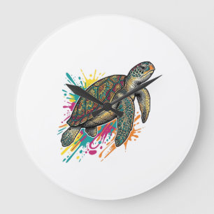 Grande Horloge Ronde Chemise Vintage Gravure Tortue de Mer Color Splash