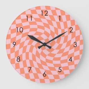 Grande Horloge Ronde Chèques Pastel Coral Rose Retro déroutés À damiers