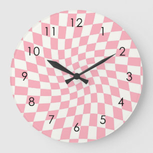 Grande Horloge Ronde Chèques Retro Pastel Rose À damiers Dorm déformés