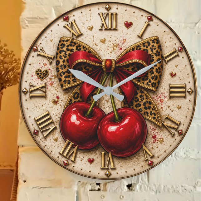 Grande Horloge Ronde Cherry Bow Cute Leopard Print Coquette Cherry (Créateur téléchargé)